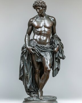 Perseus stands resolutely displaying courageous expression light armor white background embodying heroic spirit dynamic pose.