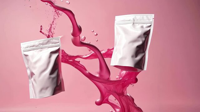 Falling two white zip lock package on a pink background. Unbranded packaging with splash of bright liquid.