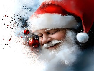 Artistic Santa Claus Portrait with Red Ornaments and Snowy Splatter Effect