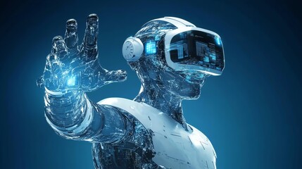 Futuristic robot with virtual reality headset reaching out, highlighting advanced technology and innovation.