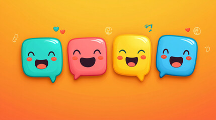 Smart and cute cartoon icons with happy and expressive faces inside rectangular text bubbles, suitable for banners and notices
