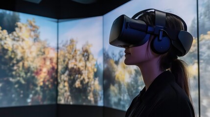 Obraz premium A person using virtual reality equipment in a tech-enhanced environment.