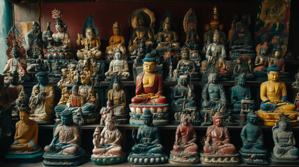 Fototapeta premium A collection of Tibetan Buddhist statues in a monastery, each one representing a different deity or bodhisattva
