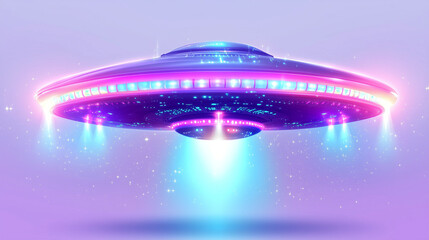 Bright neon UFO spacecraft emitting blue and purple light while hovering in a surreal space background.