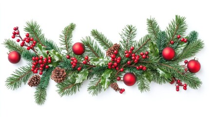 Christmas greenery flat lay with fir branches and red berry accents, festive border on white.