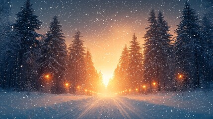 Tranquil Winter Wonderland: Serene Snowfall over Evergreen Forest