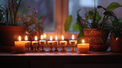 Cozy warm glow of candles illuminating a window sill surrounded by potted plants - serenity
