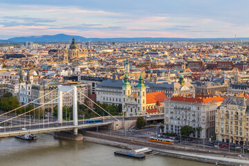 Aerial view of Budapest at sunrise in autumn, Hungary