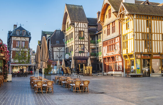 Terraces of restaurants and Half-timbered houses at the square place Alexandre Israel in Troyes city