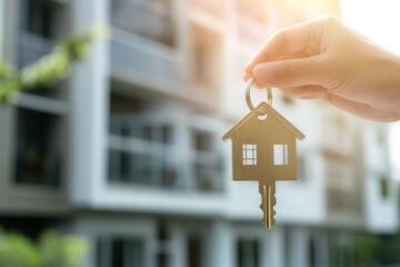 House Keys. Keys from new housing, dwellings among blurred real estate, apartment building. Relocation. Open entrance door, house shaped keychain. Door Keyring. Real estate, agent, insurance, property