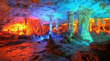 Colorful cave lighting illuminating ancient stalactites and stalagmites, showcasing natural underground beauty.