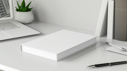 Clean workspace with blank hardcover book mockup, office supplies, and laptop for work inspiration. High quality photo