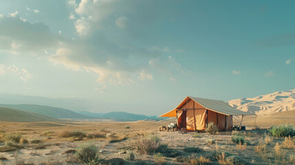 A solitary glamping tent stands in an expansive desert landscape under a vast blue sky, capturing tranquility and wilderness escape.