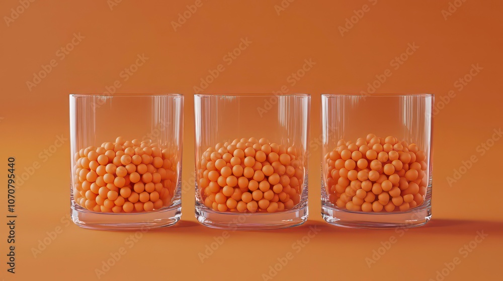 Poster view of three glasses with orange polypropylene granules, masterbatch polymer grain resin pellets on