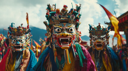 Tibetan performers in colorful costumes and elaborate masks during a traditional festival, with the vibrant scene set against the backdrop of the Himalayas