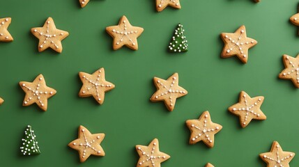 Obraz premium A delightful arrangement of golden star-shaped cookies and green Christmas tree cookies on a vibrant green background, perfect for holiday celebrations and festive gatherings.