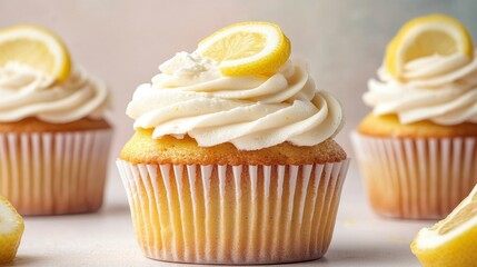 Tasty delicious lemon cream cupcake on light background