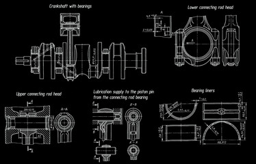 Crankshaft of car. Connecting rod bearing. 
Shaft or screw with thread.
Engineering mechanical drawing of steel device. 
Industrial cad scheme. Technology background
of machine building industry.