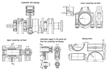 Crankshaft of car. Connecting rod bearing. 
Shaft or screw with thread. Engineering mechanical drawing of steel device. Industrial 
cad scheme on white paper sheet. Technology background.