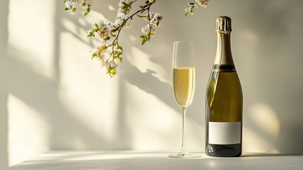 Champagne celebration with spring blossom shadows