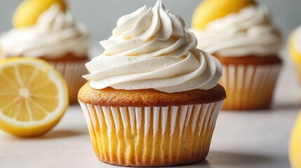Tasty delicious lemon cream cupcake on light background