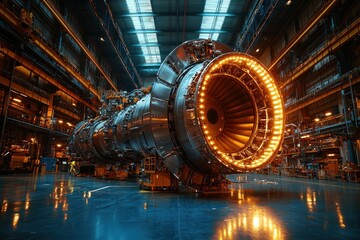 Obraz premium A Large Industrial Turbine Engine Under Construction in a Factory
