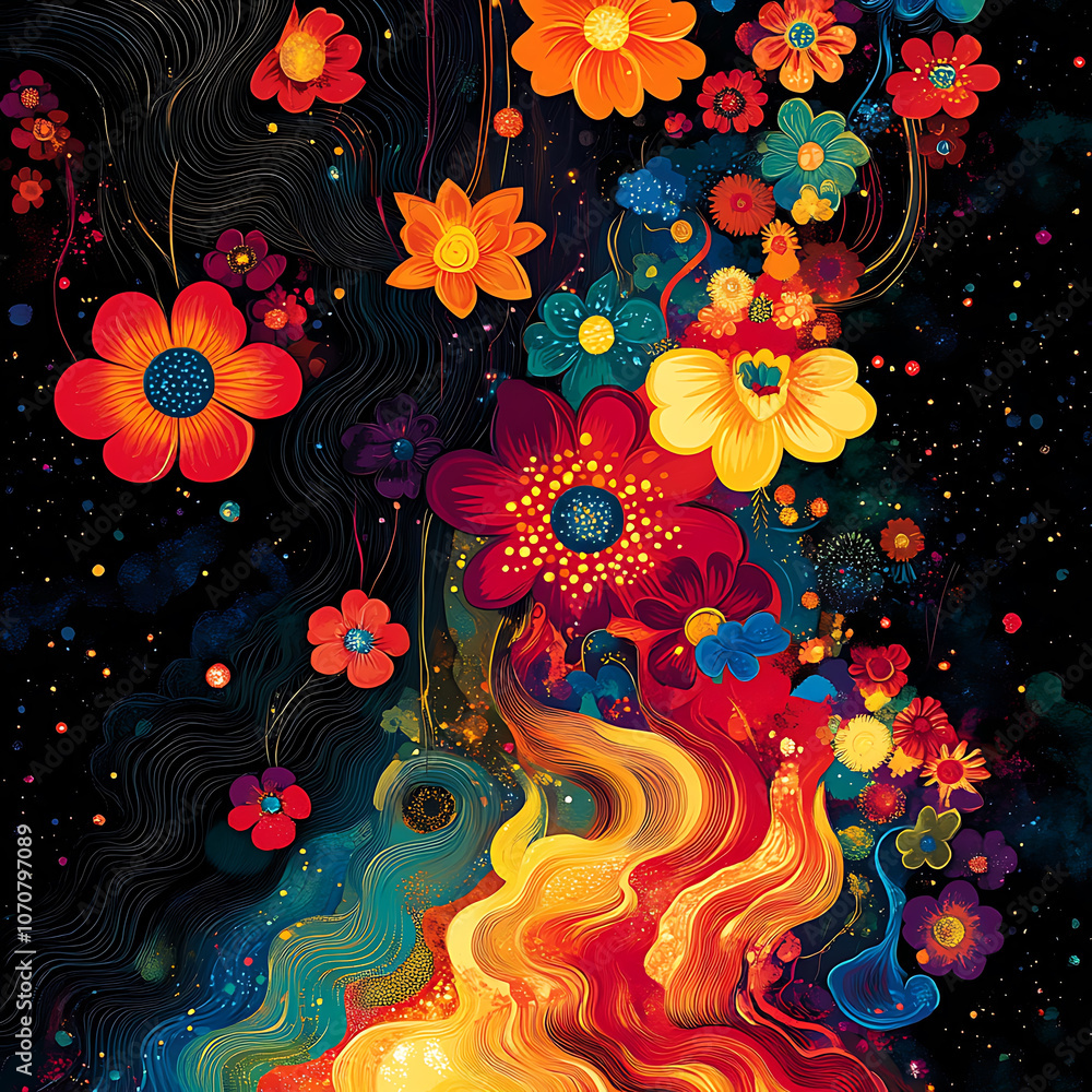 Aufkleber vibrant flowers in psychedelic background with swirling colors and patterns create mesmerizing visua