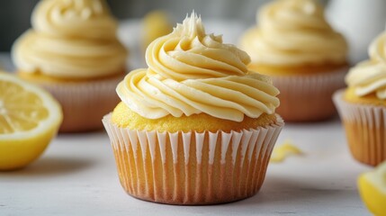 Tasty delicious lemon cream cupcake on light background