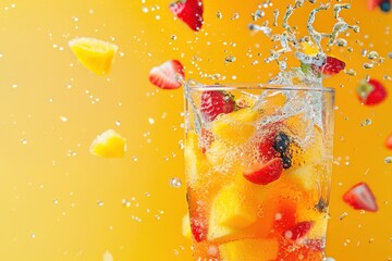 A splash of tropical punch with fruit pieces, splash in the air, copy space for text