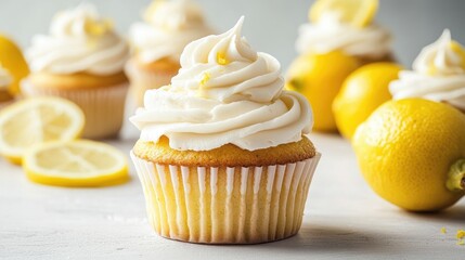 Tasty delicious lemon cream cupcake on light background