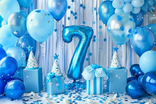 Blue birthday celebration with balloons and gifts for seventh birthday