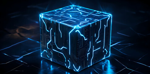 Cybernetic Cube: A mesmerizing technological marvel, a glowing blue cybernetic cube radiates intricate energy pathways, showcasing futuristic design and digital innovation.