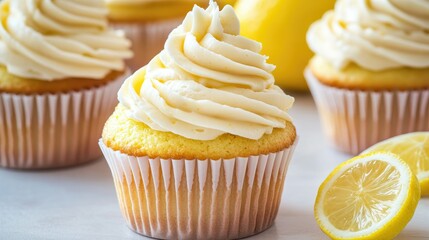 Tasty delicious lemon cream cupcake on light background