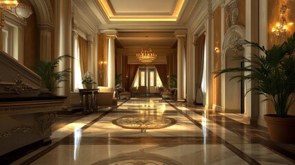 A luxurious hotel lobby interior with marble flooring, classic columns, and elegant decor. The design exudes sophistication and grandeur, creating a welcoming atmosphere for guests.
