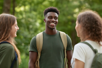 Obraz premium Young adults enjoying a lively conversation in a lush green park on a sunny day