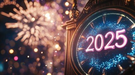 Glowing countdown clock displaying "2025", with fireworks and bright lights sparkling in the sky.