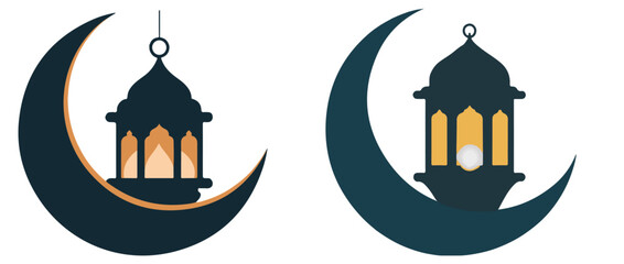 Illustration of crescent moon and traditional Arabic lantern symbolizing Ramadan and Islamic festive themes isolated on transparent