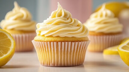 Tasty delicious lemon cream cupcake on light background