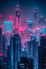 Fototapeta premium A futuristic city skyline at dusk, illuminated by vibrant neon lights.