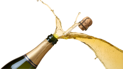 Champagne bottle uncorked with spray of bubbles and cork flying in celebration during a festive moment