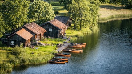 Obraz premium Rustic Cabins on a Lake with Canoes Docked at a Wooden Pier