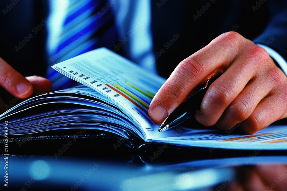 Aufkleber close-up of a man's hand pointing at a financial report with a pen