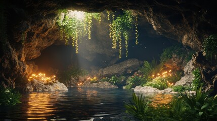 Enchanted cave interior with unique mineral formations, creating an underground fairyland.