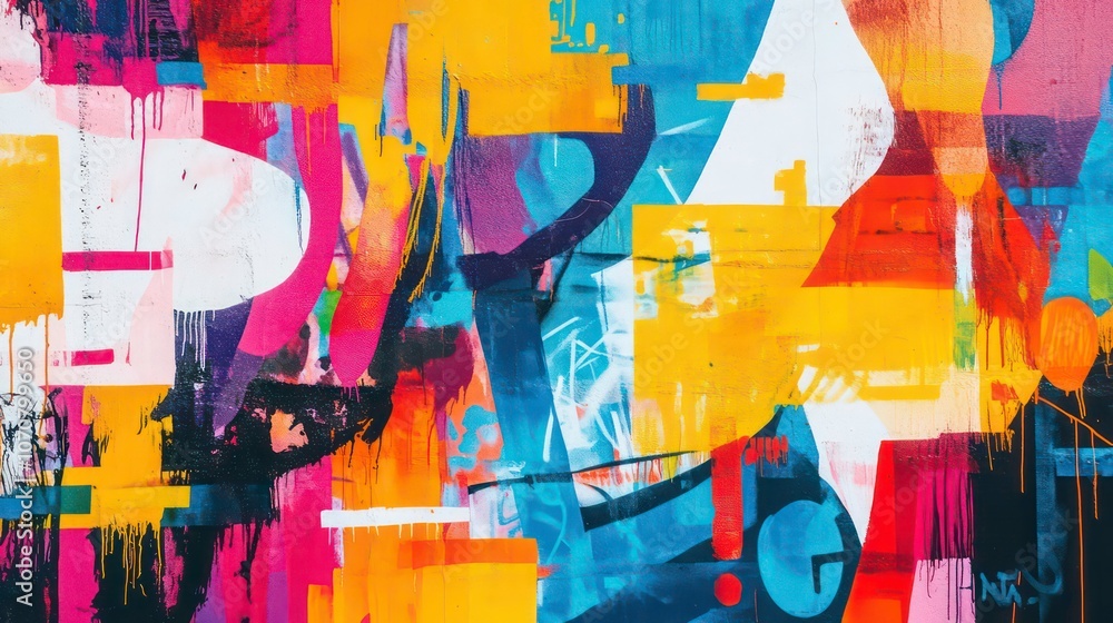 Poster Abstract colorful mural with dynamic shapes and textures creating a vibrant visual experience.