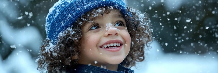A young child with curly hair smiles brightly as snowflakes fall around them, capturing the magic of winter.  This image symbolizes childhood joy, winter wonder, happiness, innocence, and the beauty o