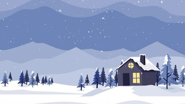 Snowy house winter landscape with snow flakes fall scene 2d animation parallax effect motion.