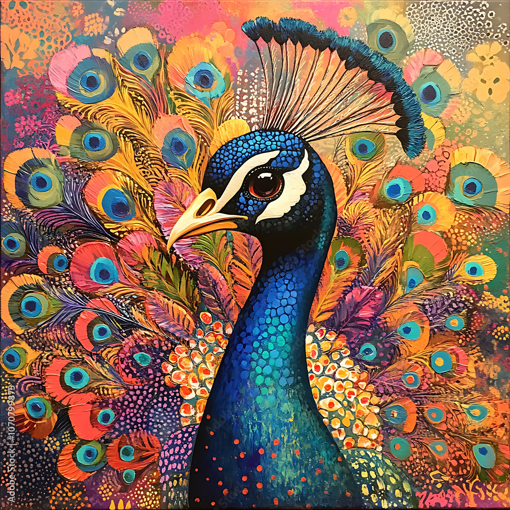 Aufkleber vibrant peacock displays its stunning feathers in colorful array, showcasing intricate patterns and 