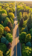 Obraz premium Aerial view of a country road in the forest. Beautiful landscape. Captured from above with a drone. Aerial bird's eye road. Aerial top view forest. Forest view from above