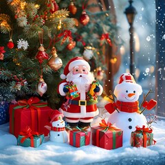 Festive Christmas scene with tree decorations, Santa Claus, snowman, and gift boxes, capturing holiday spirit for seasonal cards and designs.
