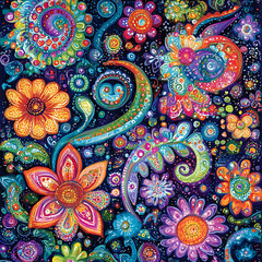 Vibrant psychedelic pattern featuring colorful flowers and swirls, creating lively and energetic atmosphere. Perfect for art lovers and those seeking unique designs